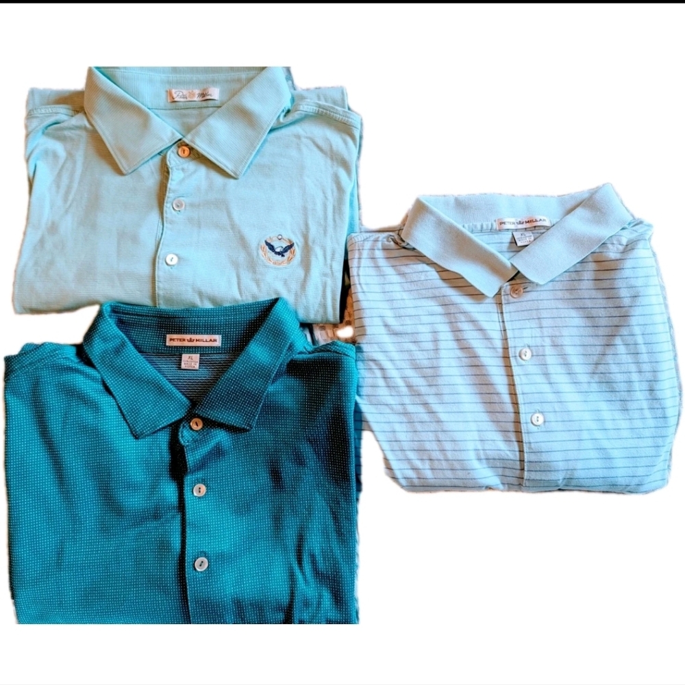 Peter Millar LOT OF 3 , XL Polo Shirts Cotton Mens Blue Golf Crown Blues /Greens
